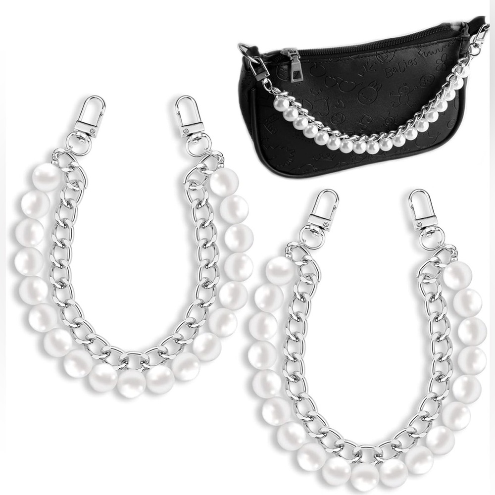 Elegant Silver and White Pearl Purse Chain Short Handle Replacement Bag Strap